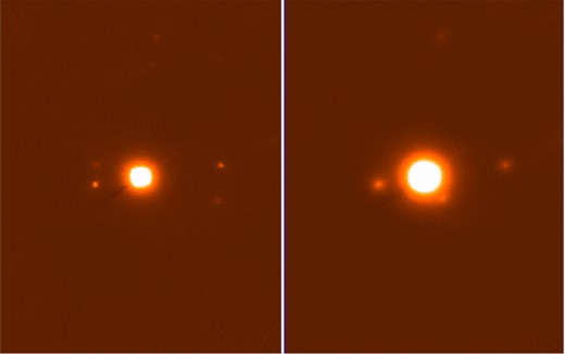 Images taken with the AO-system PISCES at the LBT in the K (left) and in the J band (right). The size of the image is only about 6 × 8 arcsec, north is up and east is left. Two previously unknown stars at distances of $\rm 1{_{.}^{\prime\prime}} 96\pm 0{_{.}^{\prime\prime}} 04$ and $\rm 3{_{.}^{\prime\prime}} 46\pm 0{_{.}^{\prime\prime}} 04$ are visible. The orientation is as in Fig. 9.