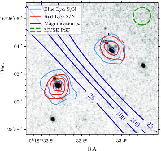 MUSE S/N-contours at λ = 5122.6 Å (blue) and λ = 5128.9 Å (red), corresponding to the two Ly α peaks of RXC0018-LAE1 over the same RELICS HST image stack as in Fig. 1. The blue contours are computed from a stack of four elements on the spectral axis and the red contours from a stack of three spectral elements around the central wavelength. The contours represent, from outer to inner, 2σ, 3σ, and 4σ. Note that in both images both Ly α peaks are centred on the main component of the HST imaging. We show gravitational magnification contours for a source at z = 3.218 according to our LTM model (see Section 2.3) as dark blue lines. The critical line passes right between the two images RXC0018-LAE1.1 and RXC0018-LAE1.2. The green circle represents the FWHM of the MUSE PSF (1.25 arcsec).