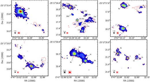 Zoom of the continuum map at 219 GHz above 5σ219 GHz (σ219 GHz = 13 $\mu $Jy beam−1) for the different regions containing the proto-SSCs studied in Rico-Villas et al. (2020). Overlaid, the continuum emission at 345 GHz is shown in red with contour levels at 5σ345GHz, 10σ345GHz, 25σ345GHz, and 50σ345GHz (σ345GHz = 37 $\mu $Jy beam−1). The different components of each SSC (in which a given SSC is fragmented) are labelled with letters. The 219 GHz beam size (0.020 arcsec × 0.019 arcsec; in black) and the 345 GHz beam size (0.028 arcsec × 0.0234 arcsec; in red) are plotted, along with a 1 pc scale, on the bottom left-hand corner for reference.