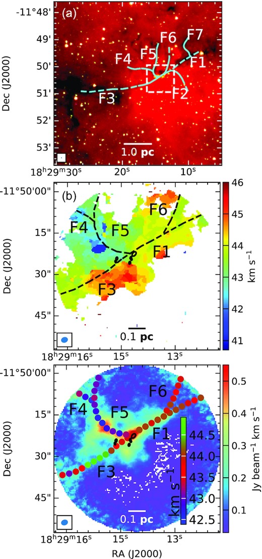 (a) Skeletons of the identified filaments are overlaid on the colour composite image of the region around G19.88 using Spitzer 3.6 $\mu$m (blue), 4.5 $\mu$m (green), and 8.0 $\mu$m (red) bands. The dashed square box represents the region of the ATOMS maps shown in panels (b) and (c). (b) Peak velocity map of $\rm H^{13}CO^{+}$ (1–0) (obtained using combined 12-m + 7-m data) overlaid with filaments F1, F3, F4, F5, and F6 is shown in colour scale. (c) The velocity peaks of $\rm H^{13}CO^{+}$ (1–0) extracted along the filaments (F1, F3, F4, F5, and F6) are overlaid on the moment zero map of $\rm H^{13}CO^{+}$ (1–0) for the region associated with G19.88−0.53 shown in colour scale. Ellipses represent the identified 2.7 mm cores. The beam sizes are shown at the bottom left of each figure.