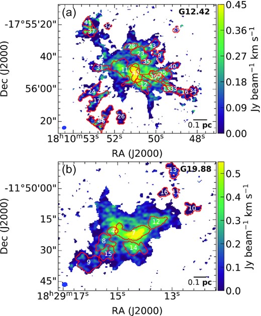 (a) Moment zero map of the modified $\rm H^{13}CO^{+}$ cube where only the pixels having peak intensity (along the spectral axis) greater than five times the noise are shown. The overlaid apertures are 2D representations of the 3D (PPV) leaf structures identified in G12.42. Each leaf is labelled with its structure ID (refer Table 7). (b) Same as (a) but for G19.88. The beam sizes are shown at the bottom left of each figure.