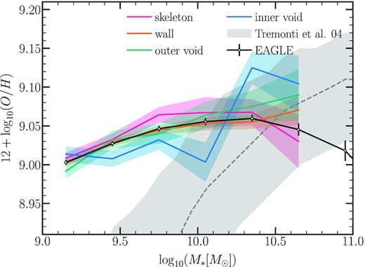 The mean relation between stellar mass and the star-forming gas-phase oxygen abundance. Shaded regions represent the jackknife errors using 10 subsamples and the black solid lines and with circles represent the mean relation with entire simulation. Grey dotted line and shaded region are observational estimations from Tremonti et al. (2004). Inner outer void galaxies present lower metallicities than skeleton and wall galaxies. The difference is more pronounced at higher mass galaxies.