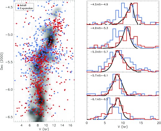 Radial velocity of the 13CO molecular gas (Bally et al. 1987), and that of the stars in the sample, in the local standard of rest reference frame. The left-hand panel shows the full view of the cluster, and the right-hand panel is binned in five discrete slices along δ. The velocity distribution of the gas is shown in greyscale in the background of the left-hand panel, and as a black line in each tier of the panel on the right. Infalling and outflowing stars are shown in red and blue, respectively. On the right, each distribution is scaled relative to its peak. Typical uncertainty in RV is 0.1 km s−1.