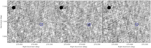 Three 8 s snapshot images, with matching colour scales, of the location of PSR J1822+0705, consecutive in time, clearly showing the pulsar turning on and off during the observation.
