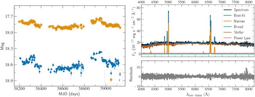 ZTF light curves (left) and fit to the archival SDSS spectrum (right, MJD = 52443) of one of the CL candidates found in this work, J161219.56+462942.62. The light curves show significant aperiodic variability typical of Type 1 AGNs, while the spectrum shows very weak BELs.