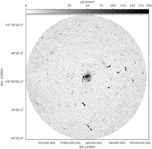 The MeerKAT L-band primary beam corrected, full field of view image of the Bullet cluster. The rms noise of the image is 8.5 $\mu$Jy beam−1.