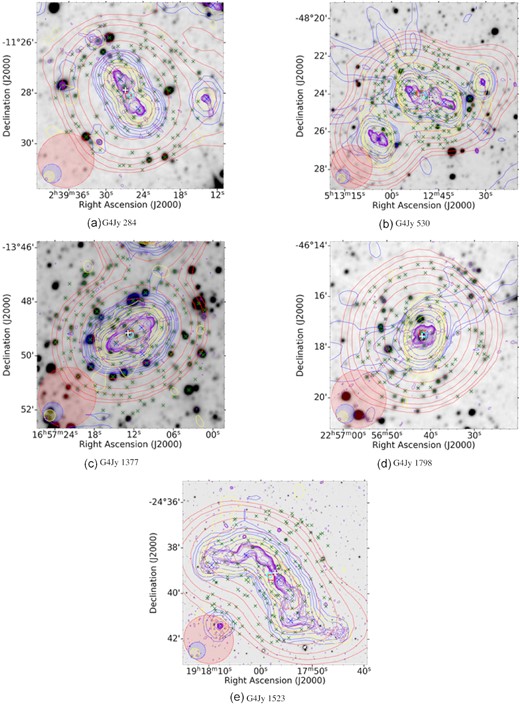 Four radio sources with X-shaped morphology and one G4Jy source (G4Jy 1523) with S-/Z-shaped morphology in the MeerKAT-2019 subset. For G4Jy 1523, PanSTARRS image is used as greyscale base for the overlay and green crosses are from 2MASS. The data sets, symbols, beams, and contours are the same as those described in Fig. 1.