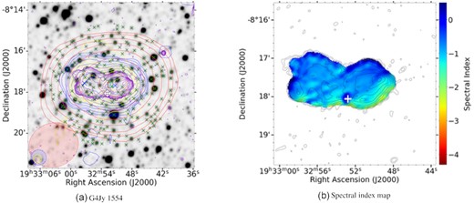 Top panel: Overlay of G4Jy 1554. The data sets, symbols, beams, and contours are the same as those described in Fig. 1. Bottom panel: The spectral index map with MeerKAT contours overlaid.