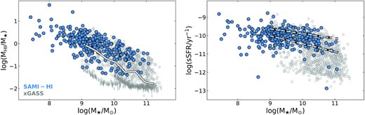 Left-hand panel: H i gas fraction versus stellar mass for SAMI-H i (blue) and, for comparison, xGASS (grey circles: H i detections; grey downward arrows: upper limits). The solid line indicates xGASS median gas fractions, computed including upper limits of non-detections. Right-hand panel: specific SFR as a function of stellar mass for SAMI-H i (blue) and xGASS (grey). The dashed lines enclose the xGASS star-forming sequence and correspond to ±1σ deviation from the average.