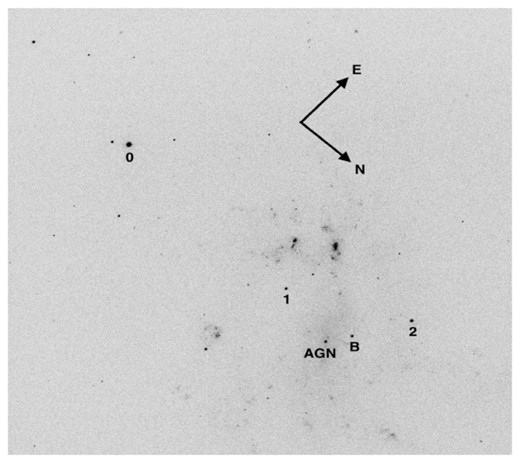 g-band image of NGC 4395, 40 s exposure, with the IO:O CCD imager on the LT. The comparison stars, 0 and 2, used in the production of the LT light curves are labelled, as are the comparison stars, 1 and B, used in the production of the HiPERCAM light curves. The AGN nucleus is also labelled. The field of view is 10 × 10 arcmin.