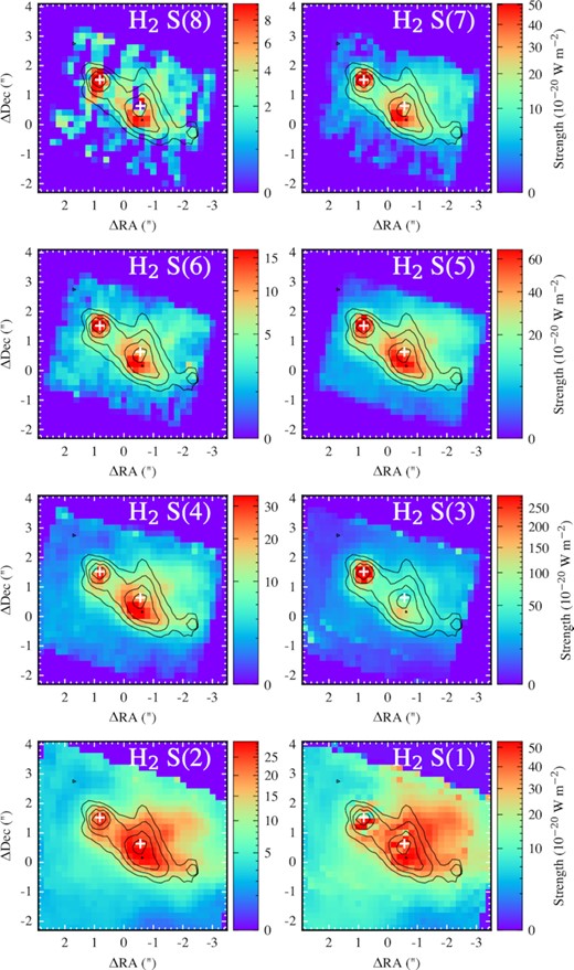 Maps of the integrated flux of the molecular Hydrogen transitions from the highest energy H2 S(8) (5.053 μm) to the lowest energy H2 S(1) (17.0 μm). The white crosses mark the continuum positions of sources A and B. These maps have been corrected by extinction using the optical depth map shown in Fig. 4. The contours show the 6.2 μm PAH emission.
