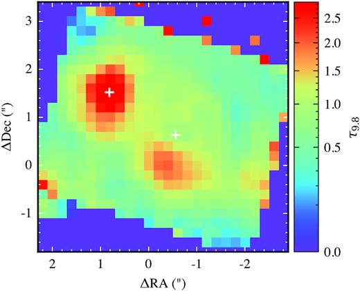 Extinction map. Optical depth at 9.8 μm derived from the silicate depth using an interpolated continuum as discussed in Section 3.2. This map is used to correct any emission line maps by extinction. The white crosses show the position of the continuum from source A and B.