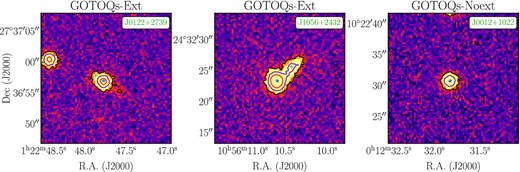 Left-hand and middle panels: illustrations of GOTOQs showing the photometric extensions. The three panels show the DESI r-band images of three GOTOQ in our sample. Right-hand panel: an example of quasar with a GOTOQ along the line of sight without showing any extension. For each panel, the quasar is marked with a blue ‘⋆’, and the contours correspond to the $3\sigma ,\, 10\sigma ,\,$ and 30σ levels above the mean background. The centroids of the photometric extensions are marked with a blue ‘+’. These were also identified as unique photometric source in the DESI Legacy Image Survey catalogues.