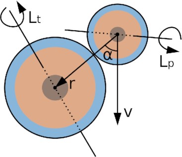 Collision geometry for planetary collisions. The impact angle α is measured between the relative position r and the relative velocity v between target and projectile at ’touching-ball’ distance. Both objects comprise a core-mantle-shell structure and have random rotation axes $\mathbf {L}_t$ and $\mathbf {L}_p$, which can lie outside the plane spanned by r and v.