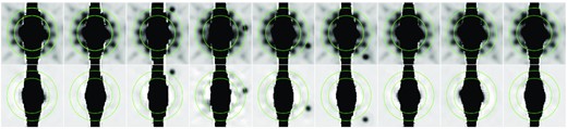 Top row: Detector-frame cutout images (co-added stacks by epoch) of the inner 31 × 31 pixels (1240 × 1240 mas) of LAWD 37 for each of the epochs (epochs 1–9 are left to right). The ‘bumps’ in PSF in the annular region between a radius of 7 and 10 pixels (marked in green on the plot) are clear. Bottom row: The same images, but with the average LAWD 37 PSF subtracted (epoch 4 was excluded from the average). The source can be seen close to LAWD 37 in the third, fourth, fifth, and sixth epochs. The large vertical black region at the centre of each of these images corresponds to the saturated pixels at the centre of each deep exposure of LAWD 37.