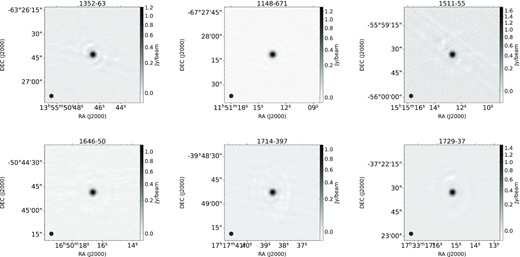 Images of the six secondary calibrators 1352–63 (1.064 ± 0.007 Jy), 1148–671 (1.557 ± 0.007 Jy), 1511–55 (2.338 ± 0.009 Jy), 1646–50 (2.063 ± 0.018 Jy), 1714–397 (1.172 ± 0.006 Jy), 1729–37 (1.73 ± 0.01 Jy). The quoted flux densities are from the ATCA calibrator manual. The images are all 1 arcmin by 1 arcmin with the size of the beam shown at the bottom left.