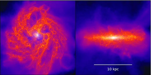 Face-on and edge-on surface density projections of the isolated dwarf galaxy on the fiducial SMUGGLE model generated with the Cosmic Ly α Transfer code (Smith et al. 2015; Smith, Bromm & Loeb 2017). Stars formed during the duration of the simulation are shown in white, with gas colour-weighted according to surface mass density. The width of each frame is 20 kpc. The richly structured ISM is a result of the detailed ISM physics included in the SMUGGLE model.