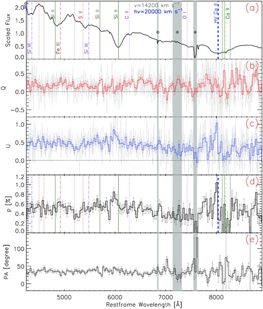 Spectropolarimetry of SN 2019np on day −14.5 (epoch 1) relative to B-band maximum light on MJD 58509.7. The five panels (from top to bottom) display (a) the arbitrarily scaled flux spectrum with major spectral features identified and the high-velocity component of ${\rm Ca\, {\small II}}$ NIR3 labelled ‘hv’; (b,c) the normalized Stokes parameters Q and U, respectively; (d) the polarization spectrum (p); and (e) the polarization position angle. Panels (b)–(e) represent the polarimetry before ISP correction. The grey lines in panels (b) and (c) show the data with their original sampling while the heavy lines in panels (b)–(e) use 30 Å bins for clarity. The grey-shaded vertical bands identify regions of telluric contamination.