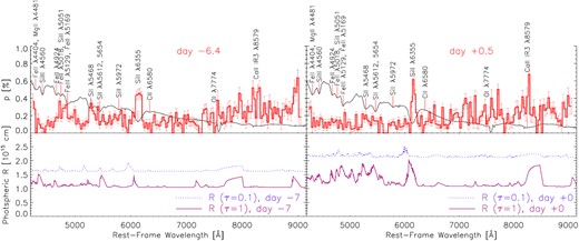 Flux and polarization spectra observed in SN 2019np compared to the spectral formation radius computed with Model 25. Top panels: Scaled flux spectrum (black curve) and degree of polarization (red histogram) observed on days −6.4 (left), and +0.5 (right). Bottom panels: Photon-decoupling radius R for τ = 0.1 and 1 computed with delayed-detonation Model 25 at similar phases (left-hand panel for day −7 and right-hand panel for day +0). Major spectral lines are labelled. Note that the polarization is mostly produced by Thomson scattering between τ = 0.1 and 1. Even strong features such as ${\rm Si\, {\small II}}$ λ6355, the ${\rm Ca\, {\small II}}$ NIR3 complex, and various blended features below 5500 Å are formed in the same region, setting a qualitative limit to the picture of line polarization being produced by chemically selective blocking of an underlying scattering-dominated photosphere.