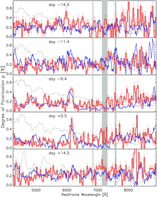 Polarization calculated with off-centre DDT Model 25 (blue histograms) compared to the intrinsic polarization of SN 2019np (red histograms) from days −14.5 to +14.5. The grey-dotted curve in each panel shows the observed scaled flux spectrum at the given epoch. In the model calculations, an inclination of ∼45° was adopted.