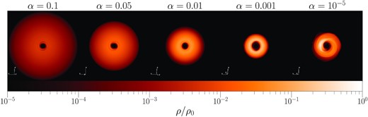 Face-on density profiles of the disc at t = 675 binary orbits.