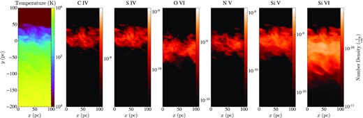 Volume-weighted projections of temperature and number densities of selected typical ions, C iv, S iv, O vi, N v, Si v, and Si vi, in M1.70 at $t=80\,$ Myr. These ions closely trace the morphology of TMLs with slightly different preferred temperatures and densities.