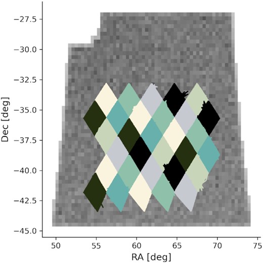 Selected HEALPixels from CosmoDC2 (diamonds) overlaid on the greyscale footprint of the DC2 image catalogues. We cross-match CosmoDC2 and the DC2 image catalogues for the image properties of extragalactic objects.
