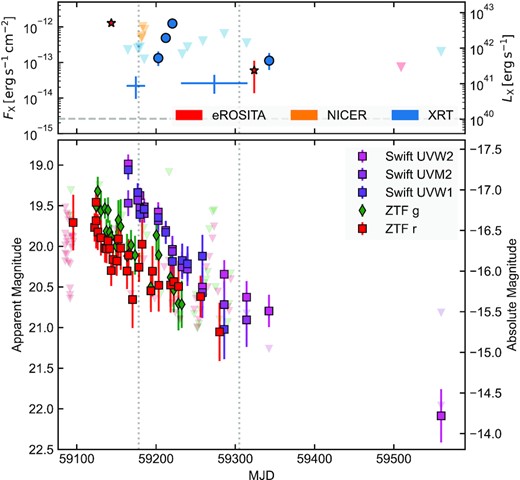 Multiwavelength evolution of J0744. The top panel shows the X-ray light-curve evolution in the 0.3–2 keV band, with eROSITA (red), NICER (orange), and Swift XRT (blue) data points. The grey horizontal dashed line in this panel marks the 3σ UL on the 0.3–2 keV source flux inferred from a 2011 Chandra pointing, when the source was previously non-detected; the eRASS2 detection represents a brightening by a factor of ∼160 relative to this limit. 3σ upper limits on the source flux during eROSITA and XRT observations are plotted using triangles. The blue crosses in the top panel represent the inferred fluxes from the stacked XRT observations (ObsIDs 00013855101 and 00013855102). The bottom panel shows the ZTF and Swift UVOT light curve. Vertical grey dotted lines denote the times of the optical spectra being taken (Section 5.1).
