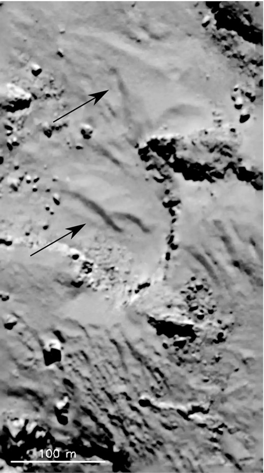 Evidence of dune-like structures in the surface dust of Comet 67P/Churyumov–Gerasimenko. Such features may be the result of dust transport that initiates ice sublimation. The characteristic crests of the wave are marked with arrows. By analysing the observed dune structures, you can see their two windward and leeward sides, as in the case of dunes on Earth and Mars. The image was taken by the OSIRIS narrow-angle camera on 2014 August 23. Source: ESA/Rosetta/MPS for OSIRIS Team MPS/UPD/LAM/IAA/SSO/INTA/UPM/DASP/IDA.
