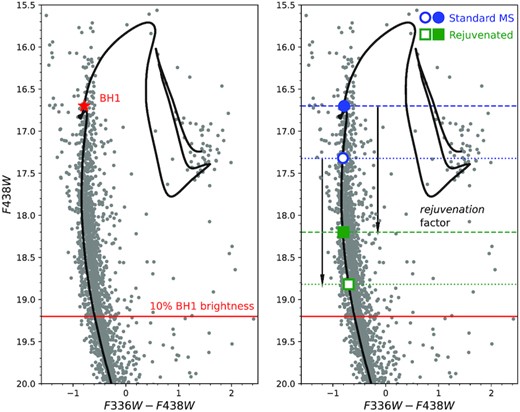 Left-hand panel: (F336W–F438W, F438W) CMD of NGC 1850, with a MIST isochrone of 100 Myr overplotted. NGC1850 BH1 is represented by a red star in the figure. The red solid line shows the magnitude level corresponding to a brightness of only 10 per cent of our target (the limit derived by the spectral disentangling). Right-hand panel: The CMD of NGC 1850 with the same MIST isochrone overplotted. The closed versus open blue dots indicate the magnitude level of a standard (non-interacting) MS star with a mass of 5 M⊙(i.e. the mass of a star as bright as NGC1850 BH1) and 4.7 M⊙(i.e. the minimum mass for the primary star in NGC1850 BH1, see the text), respectively. The closed versus open green dots instead show how the same two stars look like when the rejuvenation factor due to mass transfer in the binary is applied. They appear ≈ 1.5 mag fainter, but still above (by 1 and 0.4 mag, respectively) the red solid line, which defines the 10 per cent brightness limit in F438W.