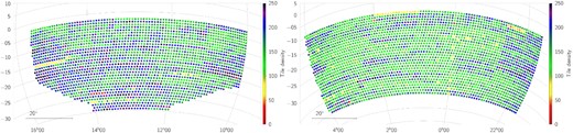 VST-ATLAS NGC and SGC tile density (deg−2) of ugr & grW Priority 1 QSO candidates.