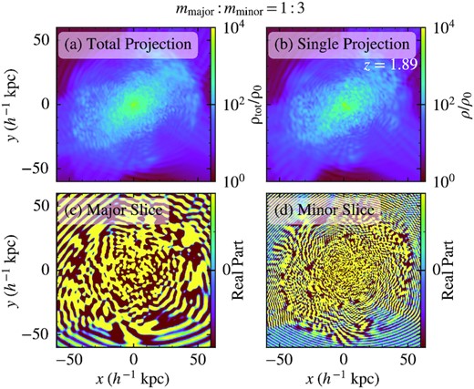 Overall structure of a representative halo in the mmajor: mminor = 1: 3 run at z = 1.89. The halo mass is $M_{\rm halo}\sim 9.7\times 10^{9}\, \rm {M}_{\odot }$, corresponding to a comoving virial radius of $\sim 47\, {h^{-1}\, \rm kpc}$. The general features of this halo are similar to the mmajor: mminor = 3: 1 case shown in Fig. 4. Panel (a) shows the projected total density of the two-component halo, very similar to its single-component counterpart (b). Panels (c) and (d) show the real parts of the wave functions of the major and minor components, respectively, on a thin slice through the densest cell. The wave functions are plane waves outside the virial radius due to inflows and become isotropic inside the virialized halo. The wavelength of the minor component is about three times shorter than that of the major component, in agreement with mmajor: mminor = 1: 3.