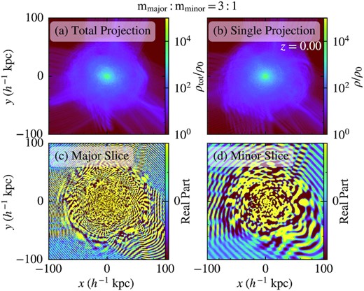 Overall structure of a representative halo in the mmajor: mminor = 3: 1 runs at z = 0. The halo mass is $M_{\rm halo}\sim 2.1\times 10^{10}\, \rm {M}_{\odot }$ and the virial radius is $\sim 50\, {h^{-1}\, \rm kpc}$. Panel (a) shows the projected total density of the two-component halo, very similar to its single-component counterpart (b). Panels (c) and (d) show the real parts of the wave functions of the major and minor components, respectively, on a thin slice through the densest cell. The wave functions are plane waves outside the virial radius due to inflows and become isotropic inside the virialized halo. The wavelength of the minor component is about three times longer than that of the major component, in agreement with mmajor: mminor = 3: 1.
