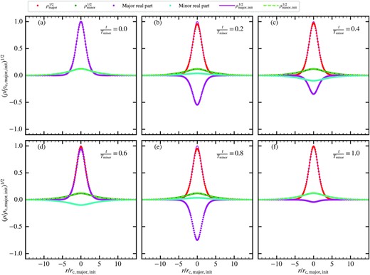 Evolution of two concentric solitons with distinct particle masses. Panels (a)–(f) show the data along the diagonal of the box at different time, where Tminor is the oscillation period of the minor-component soliton wave function. Red and green dots show respectively the square root of the major- and minor-component density, and magenta solid and lime dashed lines show the initial conditions for comparison. Purple and cyan dots are the real parts of the major- and minor-component wave functions, respectively. It is expected that the soliton density is almost stationary but the wave function is oscillating for both components. At the simulation end time, the major-component (minor-component) soliton wave function undergoes 8 (1) oscillations. We find that both solitons are stable, confirming the accuracy of the two-component $\psi \rm {DM}$ code used in this work. There is a ∼10 per cent fluctuation in the peak density of the major-component soliton, likely because the two-component solitons are not constructed fully self-consistently (see text for details).