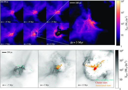 Analogous to Fig. 1 but for the bound stellar cluster formed in m10i galaxy at z = 10.8. Unlike the cluster in m10l, there is no cloud–cloud collision inducing the formation of the cluster. In this case, it is filamentary gas accretion, coupled with compression due to supernova feedback, that pushes gas to $\Sigma _{\rm gas}=10^4\, {\rm M}_\odot \, {\rm pc}^{-2}$. In this case, the cluster formation happens at such an early epoch that there is barely even a ‘host galaxy’ to speak of, and the stellar mass formed as a result of the cluster formation far exceeds the pre-existing stellar content of the halo.