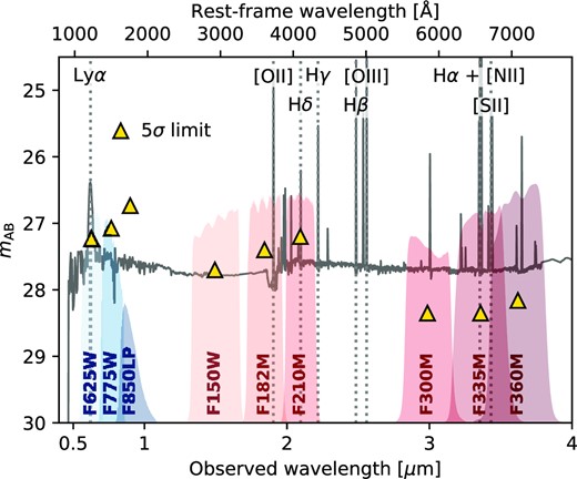 Wavelength range and limiting sensitivies of the photometric observations used in this analysis. Triangles illustrate the 5σ limiting magnitudes for the HST/ACS (Zirm et al. 2005) and JWST/NIRCam (Windhorst et al. 2022) bands, with the corresponding filter transmission profiles shown as blue and red shaded regions, respectively. Also shown for reference is a canonical stellar population as seen at z = 4.11 (100 Myr old continuous star-formation history, solar metallicity, and zero dust attenuation) with a total stellar mass of $10^{8}\, \text{M}_{\odot }$. Vertical dotted lines illustrate key UV and optical emission lines, with individual species (or pairs) labelled.