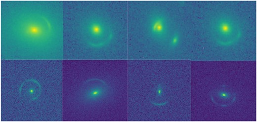 Some examples of the mock lenses employed in this work. The images in the top row are HST mocks and are simulated to recall the imaging capabilities of the ACS mounted on the HST. The images in the bottom row are Euclid mocks and mimic the observational characteristics of the systems observed with the forthcoming VIS imager of the Euclid telescope. Further details in Section 2.