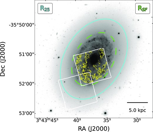 Optical g −band image of NGC 1436 from the Fornax Deep Survey (Peletier et al. 2020) showing the morphological distinction between the inner star-forming regions characterized by flocculent spiral features and the quiescent and smoother outer disc. The footprint of the Fornax3D observations for NGC 1436 (Sarzi et al. 2018) (white squares) and the map of the Hα emission detected in the MUSE data by Iodice et al. (2019b) (yellow) are also shown. The latter measurements set the extent of the star-forming disc (RSF = 59 arcsec, dashed green line), while the cyan isophotal radius measured at 25 mag arcsec−2 in B-band (de Vaucouleurs et al. 1991) gives an overall indication for the extent of NGC 1436.