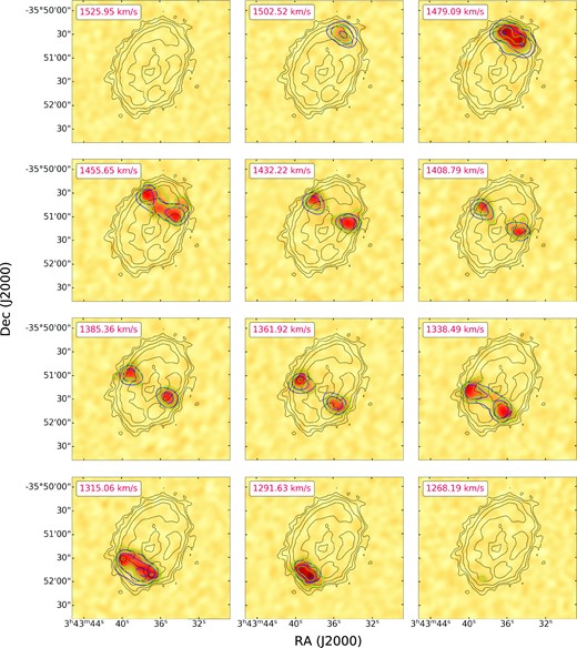 We show the comparison between the channel maps of the 11 arcsec cube (green) and the TiRiFiC model (blue) used to measure the rotational velocity and SB in Fig. 4. For presentation purpose, we re-binned the channel maps in velocity to 23 km s−1 channels. We show the same contours at ∼3σ (where σ is the RMS of the re-binned cube), with subsequent contours increasing as × 2n (with n = 1,2,3…), both for the data and the model. In general, the model follows the H i rotation in the data, and in the two middle rows, we can see how TiRiFiC nicely models the H i depression visible in the centre of the galaxy. Black contours are the 11 arcsec H i image (Fig. 2).