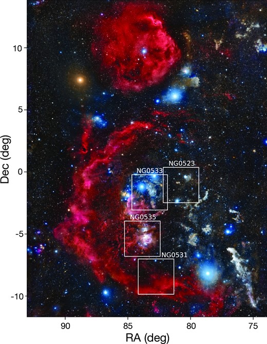 The Orion Star-forming Complex overlaid with rectangles representing the four NGTS fields used in this work. Astrophotograph credit: Rogelio Bernal Andreo (DeepSkyColors.com).