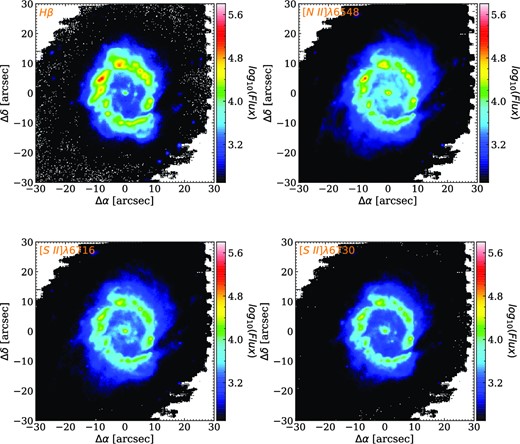 Flux maps of the weaker lines in each emission line group outlined in Table 1. Units are in 10−20 ergs−1 cm−2 spaxel−1 units.