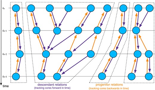 Sketch illustrating the primary temporal subhalo links used by our simulation code to define the merger tree used by the semi-analytic code. Fundamentally, we build the galaxies on merger trees composed of gravitationally bound subhaloes that are tracked in time. The descendant and progenitor links between two subsequent times of group finding (e.g. tn+1 and tn+2) are found on-the-fly during the N-body simulation itself. Besides these pointers, we also keep track of which subhaloes are in the same FOF group (not shown in the sketch). When the simulation is finished, we identify the actual trees as those subsets of subhaloes that are connected via at least one progenitor or descendant relationship, or through common membership in the same FOF group. The dashed lines indicate the four independent trees that would be identified in this particular example.