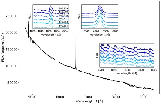 The combined, rest-framed, spectrum of star #47, over the full MUSE wavelength range (black line), where strong H β and H α emission are observed. Three insets are shown in the same plot, with a zoom-in in three different portions of the spectrum, H β, H α, and the Paschen series, respectively. The insets also contain a sample of spectra of star #47, taken at different times, and distributed in colours from light to dark for increasing phases ϕ, as also labelled in the figure. The ϕ values were determined by using a period P = 508.4 d, but we have verified that the trend still holds for the second period P = 984.3 d. As can be observed for the H β and H α lines, the shape of the emission line clearly changes with phase. The Paschen series instead present a set of double-peaked emission lines which move coherently as a function of time (phase). This is a clear evidence for the presence of an accretion/decretion disc in the system, orbiting around the visible star.