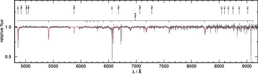 Spectrum of the sdO star candidate in NGC 1850 (in black) with the best-fitting template overplotted in red. The resulting stellar parameters obtained from the comparison with the best-fitting stellar template are Teff = 50 653 ± 791 K, log(g) = 5.20 ± 0.04, and log(He/H) = −0.58 ± 0.04 (number fraction).