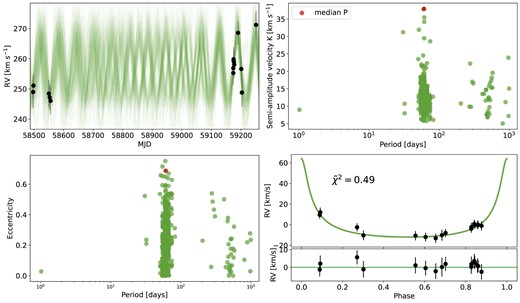 As in Fig. A1 but for star #303, that has a bimodal solution, i.e. two clusters of posterior samples well separated in the allowed period range. It is interesting to note that for the sample corresponding to the median period (red dot) has very high e and K values. It is not accurate but is only for illustrative purposes. Bottom-right: Phase-folded radial velocity curve (black data points) of the binary, by assuming the median orbital period P = 60.48 d (see Table A1).