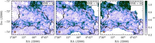 Comparison of the turbulence driving parameter map using different SNRs to threshold the PPV cube prior to running the analysis pipeline. The left-hand panel uses SNR = 3, the middle shows SNR = 5 and the right-hand panel shows SNR =10 (default used in this study). The orange circle in the bottom left-hand corner of each panel shows the kernel size (Nbpk = 10), and the black contour is the first closed contour as throughout this work.