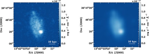 The uvw2 filter image of galaxy I.D. 23 (KUG 1343+270) shown before (left) and after (right). On the left is the galaxy at the original spatial sampling and resolution and on the right is the galaxy at the W3 sampling and resolution. While general morphology still resolvable at both resolutions, the level of detail is noticeably decreased.