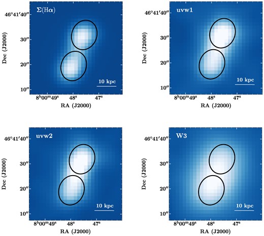H α surface brightness map and uvw1, uvw2, and W3 images of galaxy I.D. 13 (KUG 0757+468). Each map or image has been convolved and reprojected to the W3 resolution. Outlined in black are the two identified star-forming regions in the galaxy.