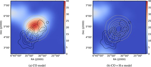 Residual gamma-ray TS maps obtained from different source models for energy range 0.1–500 GeV, smoothed with Gaussian filter of 0.3○. The black and brown contours show the spatial distribution of the CO template and the H ii template, respectively.