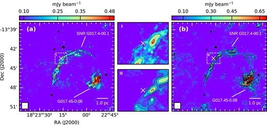 Radio maps of the region around WR 114, obtained using uGMRT GWB data. Both maps are convolved to a circular beam of size 5.0 arcsec. The white cross (×) in all panels shows the position of WR 114. (a) Map at Band 4 (550−950 MHz). The colourscale indicates the flux density. The black contours overlaid correspond to the levels of 0.1, 0.2, 0.3, 0.5, 0.7 mJy beam−1. Zoomed in view of the region closer to the WR star (marked I) is also shown. (b) Same but for Band 5 (1050–1450 MHz). The contours correspond to the levels of 0.1, 0.2, 0.3, 0.5, 0.7, 1.0, 1.4 mJy beam−1. In all panels, the contours are smoothed over 5 pixels using a Gaussian kernel. The locations of the SNR and H ii region are marked. Zoomed in view of the region closer to the WR star (marked II) is also shown.
